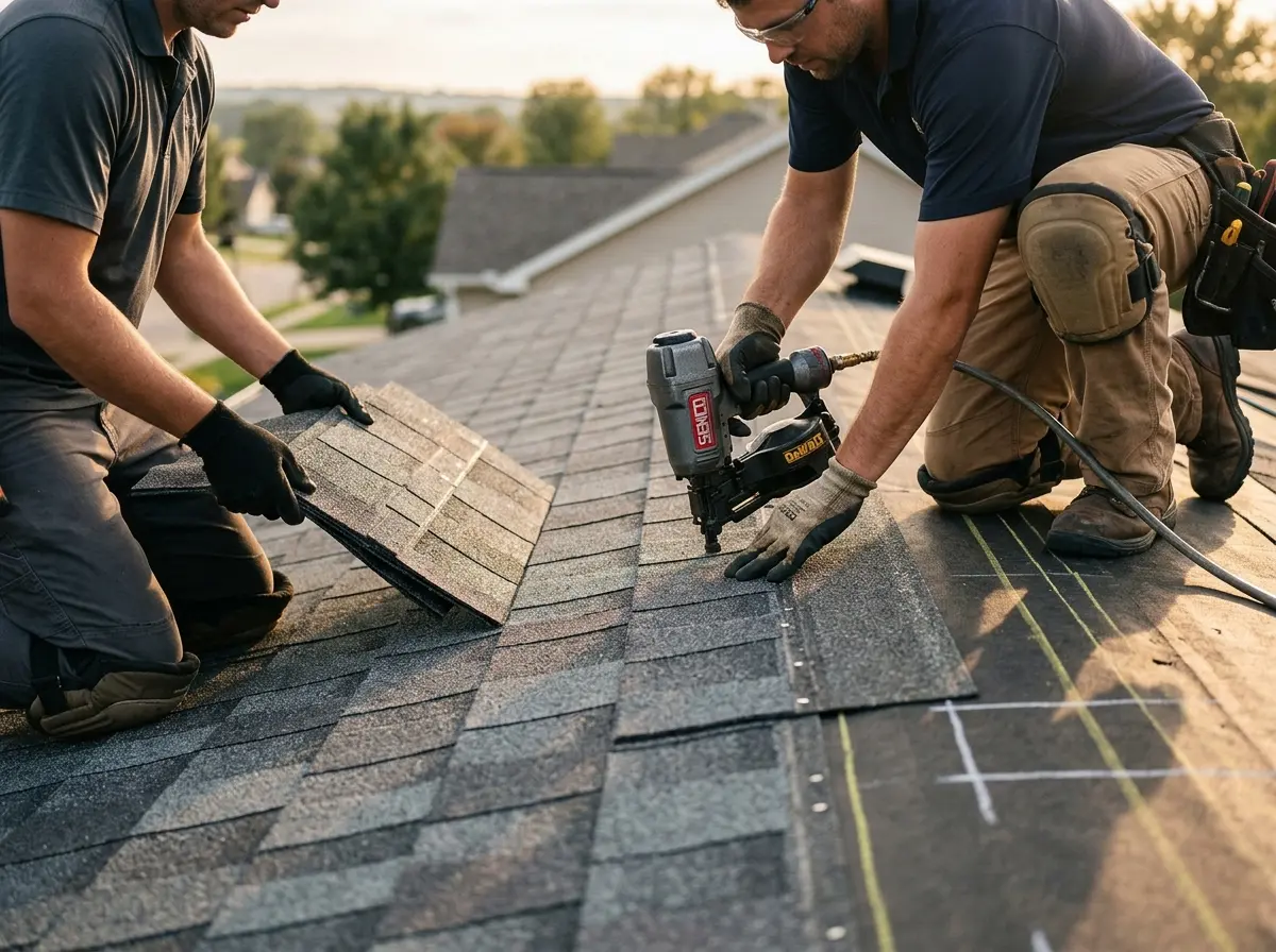 Professional roofer working on a residential roof in St. Cloud
